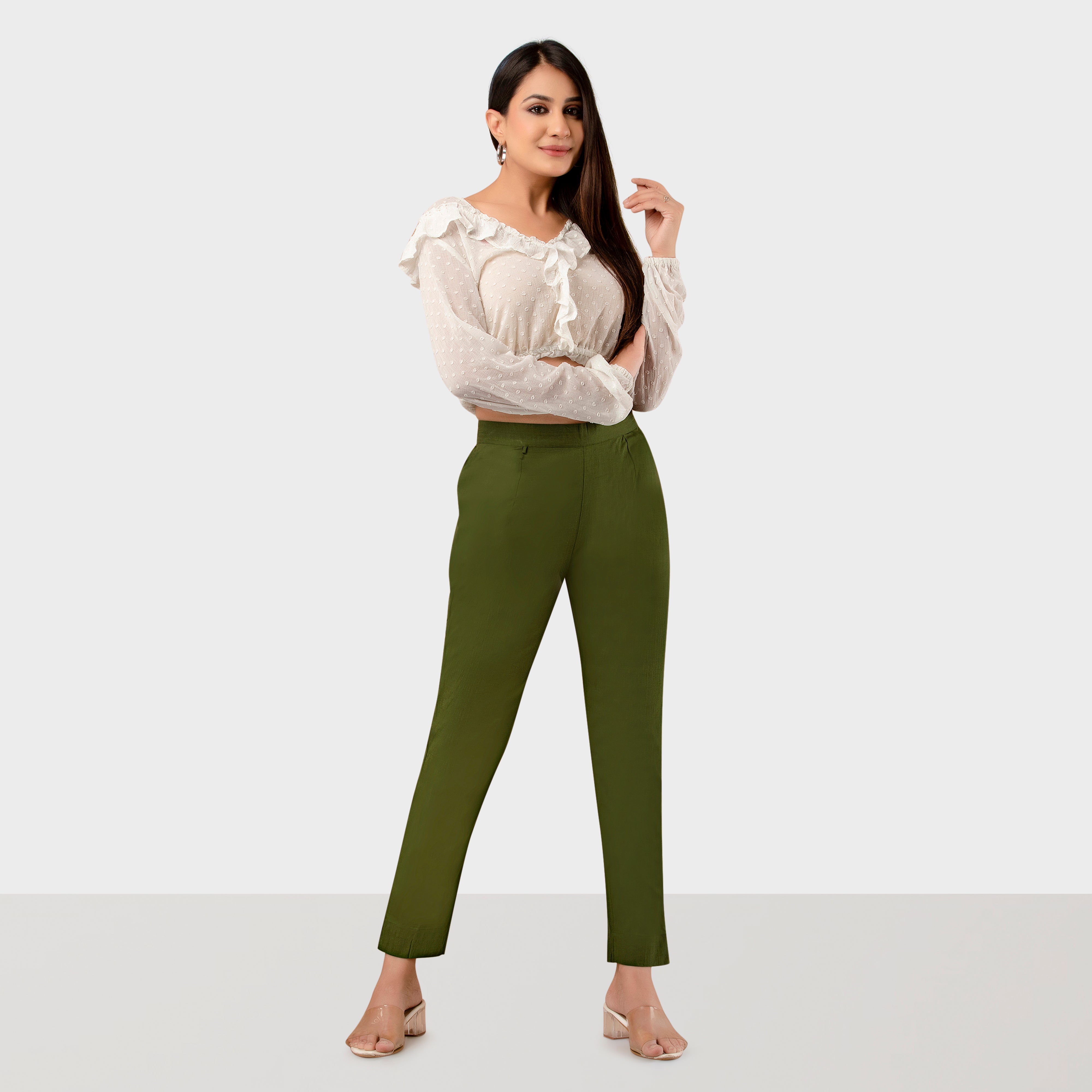 Buy Women Green Ankle Length High Waist Trousers - AW '23 Online India -  FabAlley